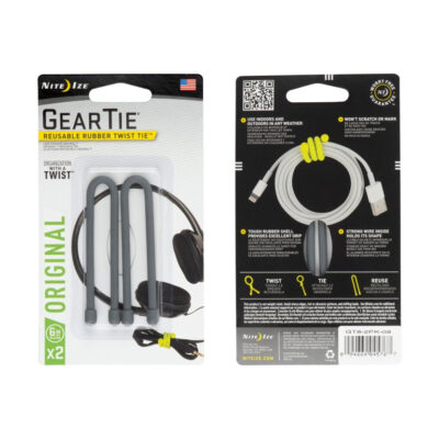 GEAR TIE(R) REUSABLE RUBBER TWIST TIE(TM) (2pcs), Charcoal - length 6"