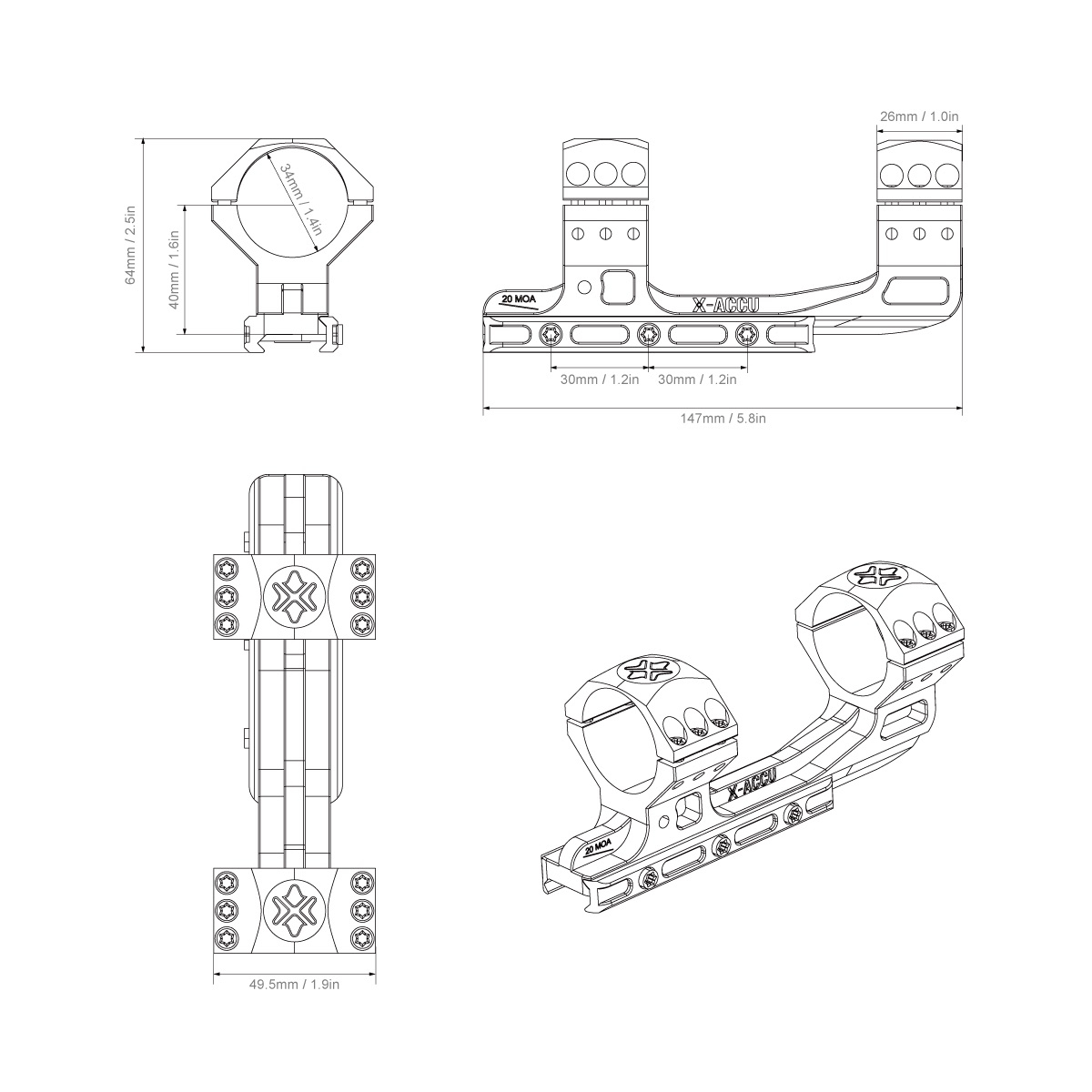 VO CANT 20MOA 34mm One-Piece Scope Mount - Black OD-A-XASR-3015 asgbox.pl VO CANT 20MOA 34mm One-Piece Scope Mount - Black - obrazek 9
