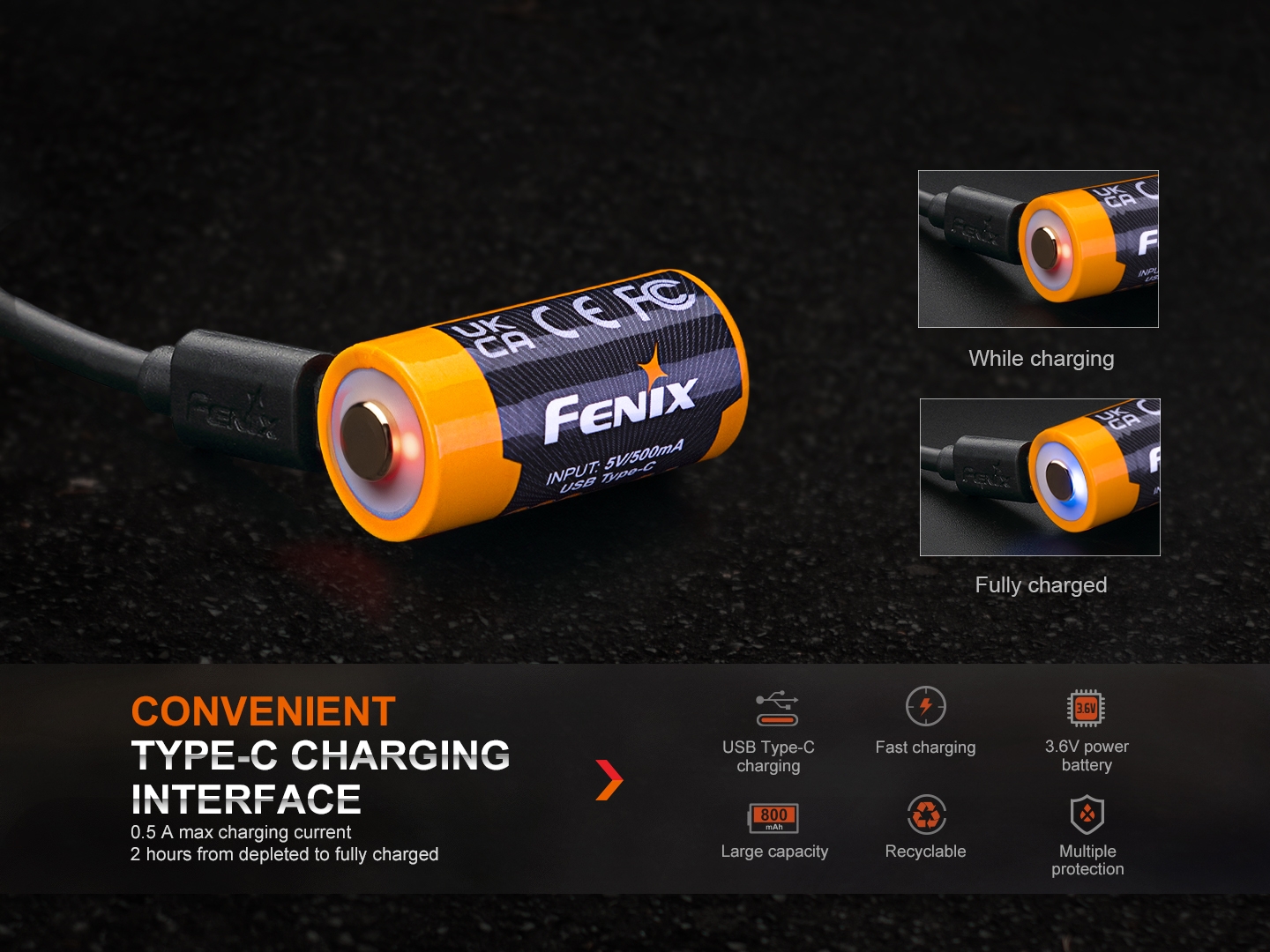 FENIX Rechargeable USB-C Battery RCR123A 3.6V - 800 mAh OD-A-FERCR123A800UP asgbox.pl FENIX Rechargeable USB-C Battery RCR123A 3.6V - 800 mAh - obrazek 6