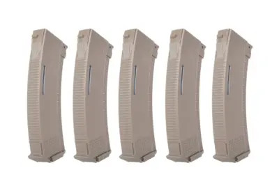asgbox.pl - Zestaw 5 magazynków Mid-Cap 130/30 kulek Arcturus EMM AK MOD1 Variable-Cap Windowed do replik AK Flat Dark Earth