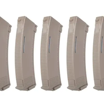 asgbox.pl - Zestaw 5 magazynków Mid-Cap 130/30 kulek Arcturus EMM AK MOD1 Variable-Cap Windowed do replik AK Flat Dark Earth