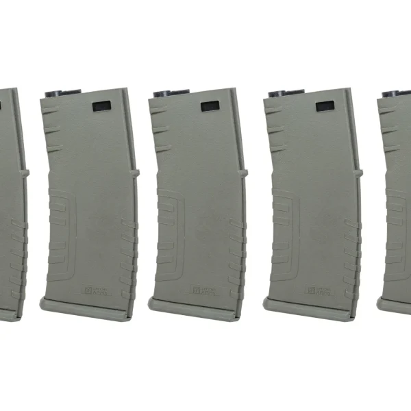 asgbox.pl - Zestaw 5 sztuk polimerowych magazynków mid-cap 120 kulek Specna Arms Oliwkowy