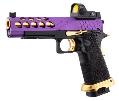 Pistolet Airsoft GBB Stryk Hi-Capa 5.1 Violet et Or Lancer Tactical avec RMR - Pistolet Airsoft GBB Stryk Hi-Capa 5.1 Violet et Or Lancer Tactical