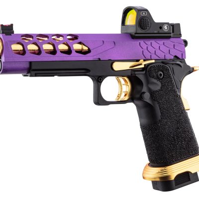 Pistolet Airsoft GBB Stryk Hi-Capa 5.1 Violet et Or Lancer Tactical avec RMR