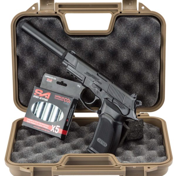 Pack airsoft Bersa Thunder 9 CO2 + mallette + 5 cartouches de CO2 + silencieux - Pack