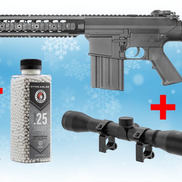 PACK Noël AEG SR25 Double Bell airsoft - PACK NOEL SR25 + SCOPE + BIPIED + BILLES+ BATTERIE + CHARGEUR